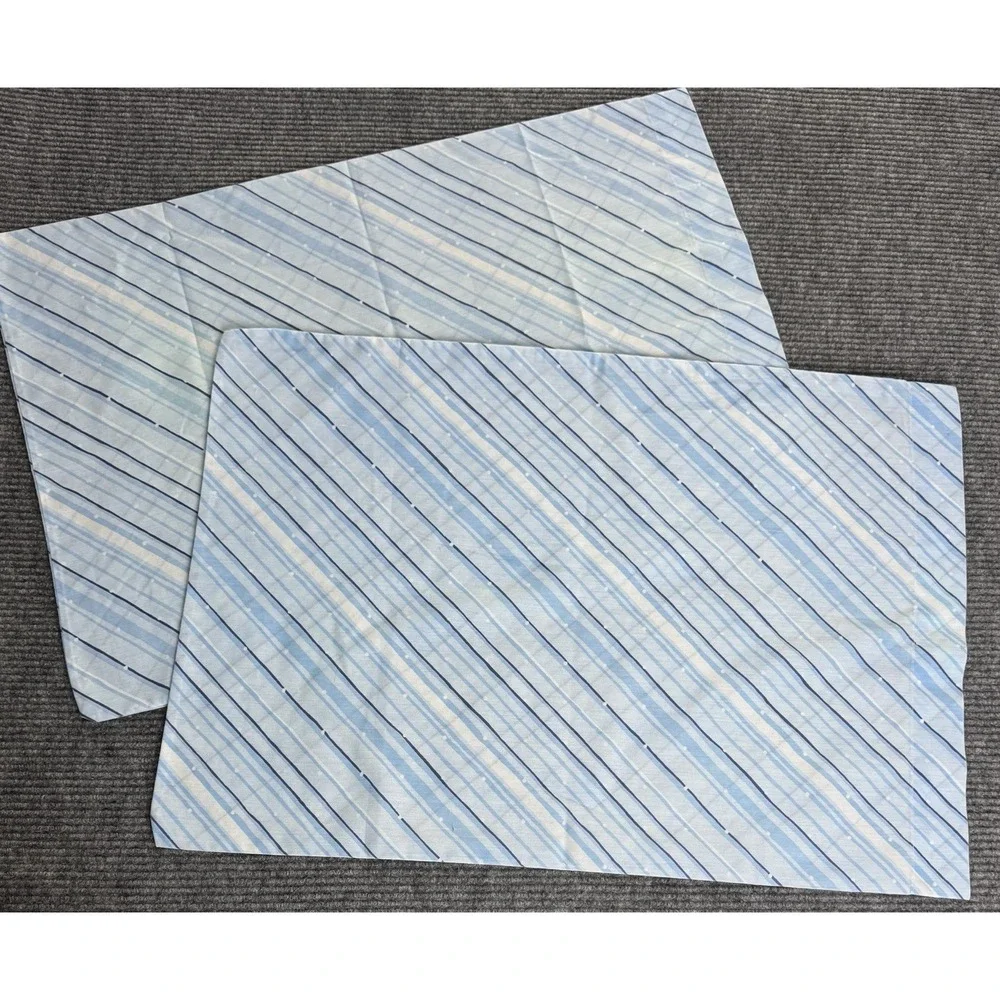 Vintage Pillowcase Pair Blue Navy Stripe Coastal Retro Standard Cottage 1970s